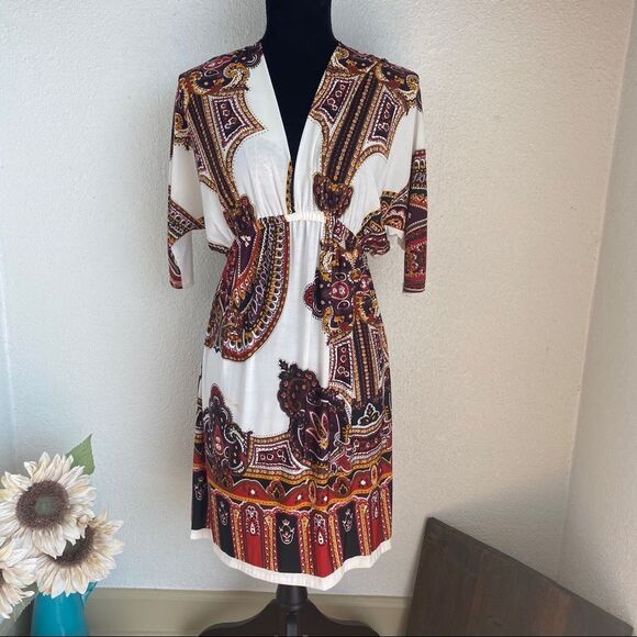 Bohemian V-Neck Dress - White & Multicolor - Picture 1 of 9